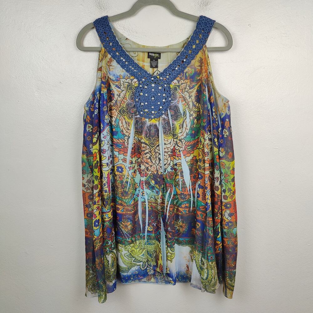 Vintage Y2K‎ Style & Co Embellished Tank Top Womens 1X Multicolored Mesh Crochet